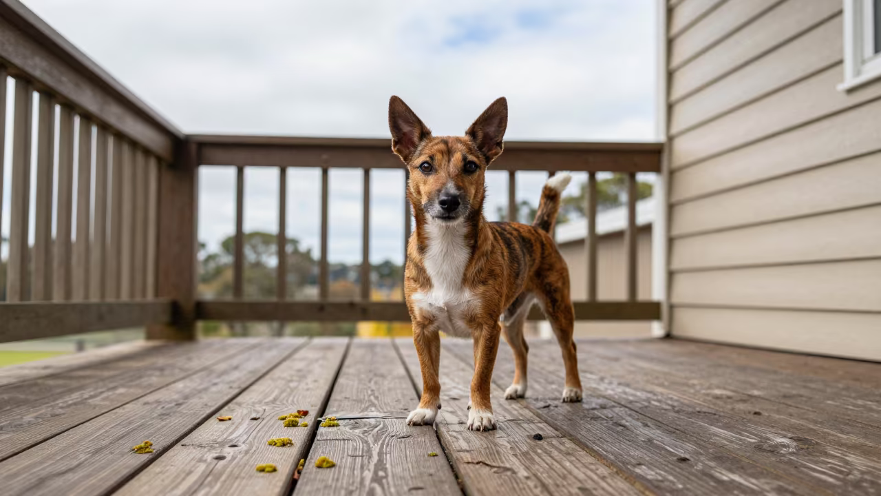 Russell Terrier on Sydney Porch in on a shaded front porch with boards, railings, and eye-level framing in Sydney
