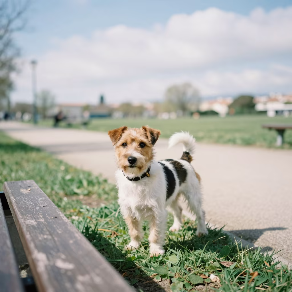 Russell Terrier Portrait in Marseille Park in along a quiet park path with soft open shade and a clean background near Marseille
