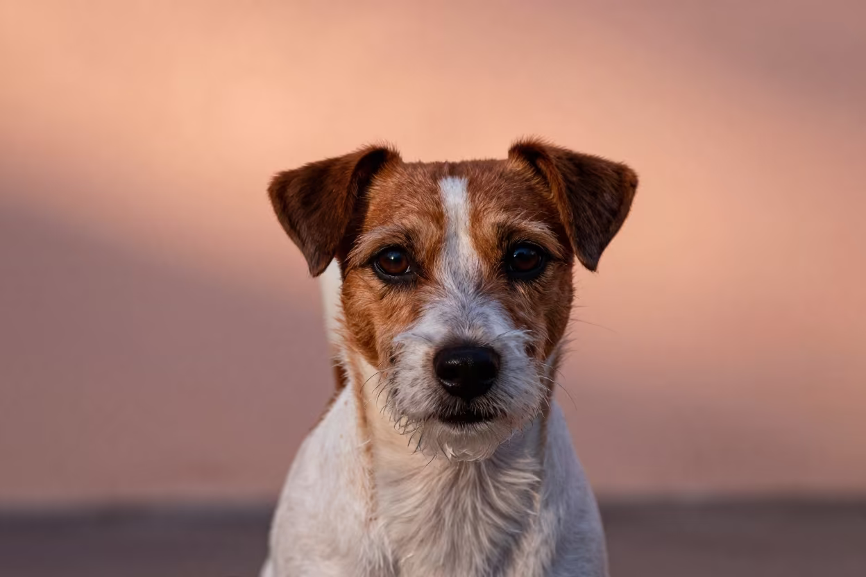 Russell Terrier Portrait in Taxco Copper Light in beside a plain courtyard wall in clear daylight with the animal at eye level in Taxco