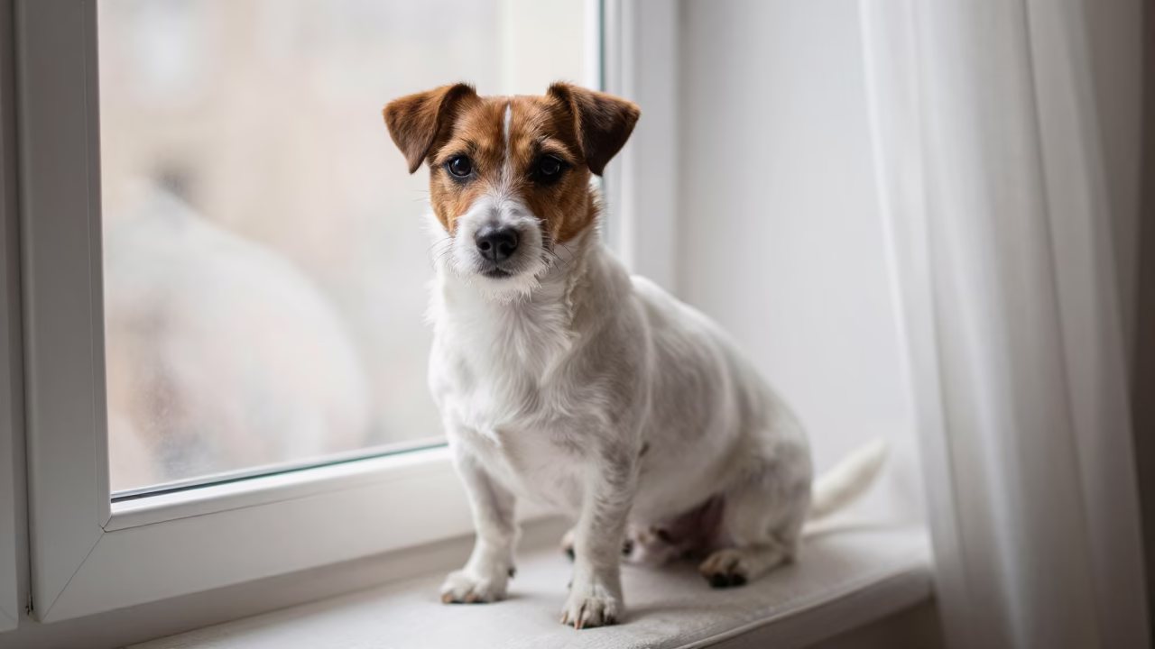 Russell Terrier Portrait on Window Seat León in on a cushioned window seat with soft side light and an uncluttered background in León de Los Aldama