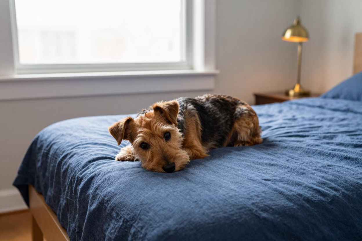 Russell Terrier Resting Near Window in on a bedspread near a bright window with calm indoor light in New York