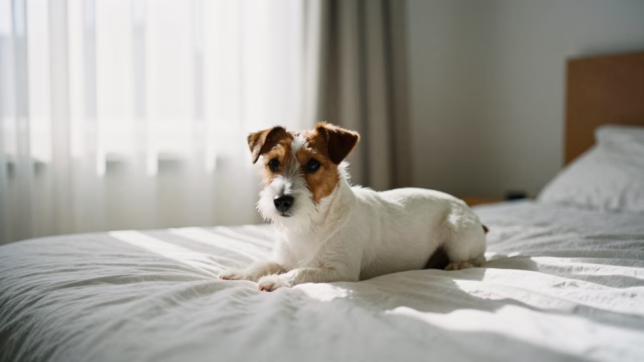 Russell Terrier Resting on Bedspread in Caracas Window Light in on a bedspread near a bright window with calm indoor light in Caracas