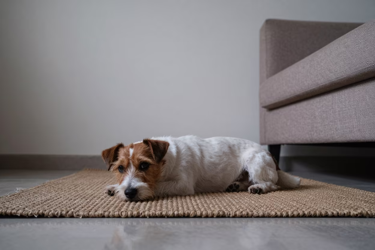 Russell Terrier Resting on Woven Rug in Ahvaz Home in on a woven rug beside a low couch and an uncluttered wall in Ahvaz