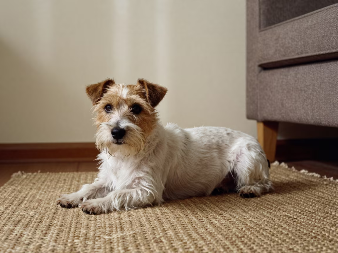 Russell Terrier Resting on Woven Rug in Lublin Home in on a woven rug beside a low couch and an uncluttered wall in Lublin