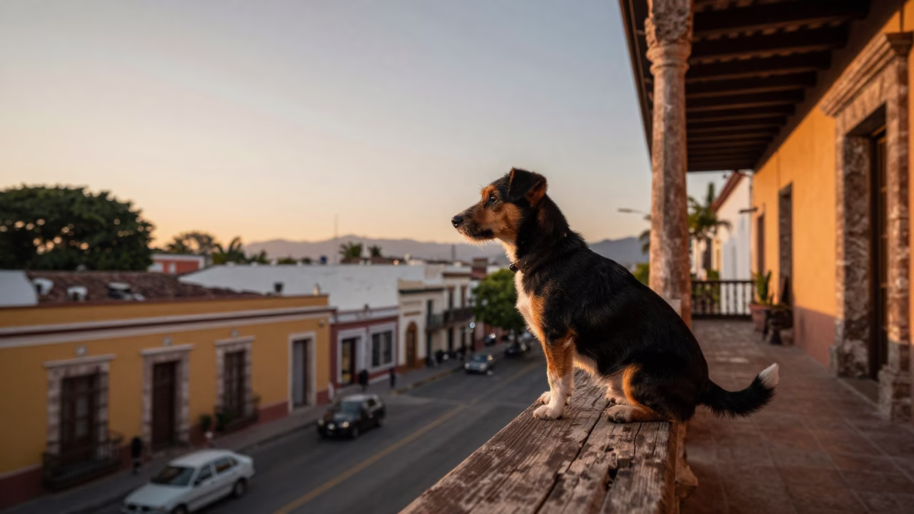 Russell Terrier Sitting on Colonial Balcony Rail in Merida Mexico at Dusk in in Merida, Mexico