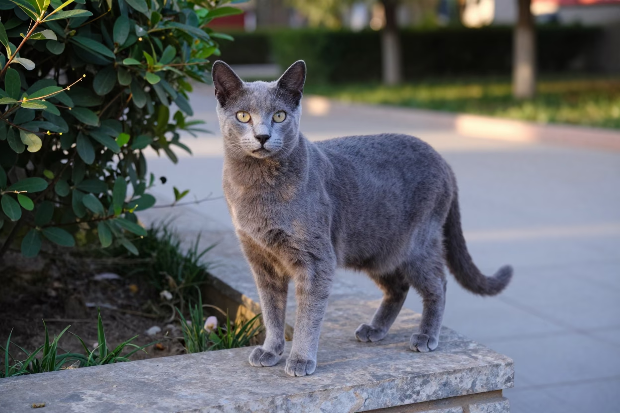 Russian Blue Cat at Lhasa Garden Edge in along a quiet park path with soft open shade and a clean background in Lhasa