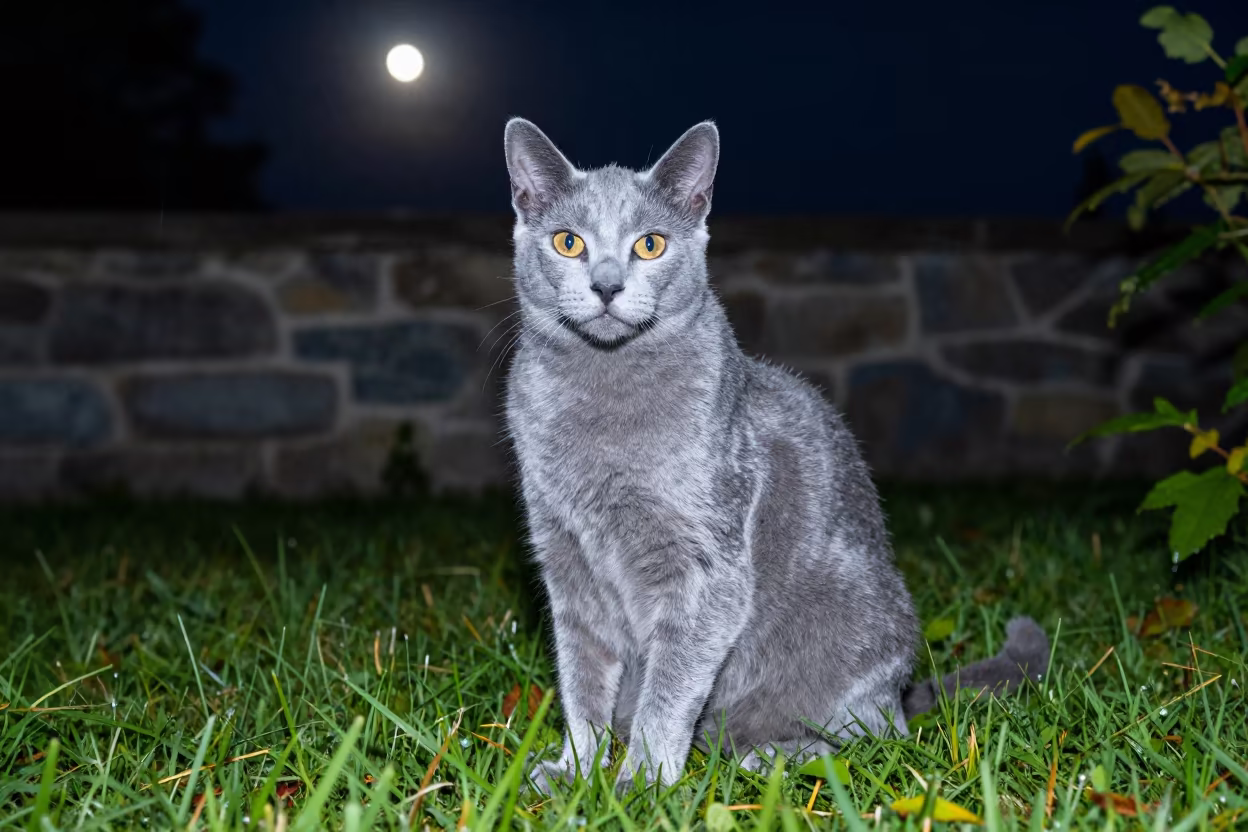 Russian Blue Cat in Geneva Garden Night in in a small yard with clipped grass, calm light, and the animal centered in frame in Geneva