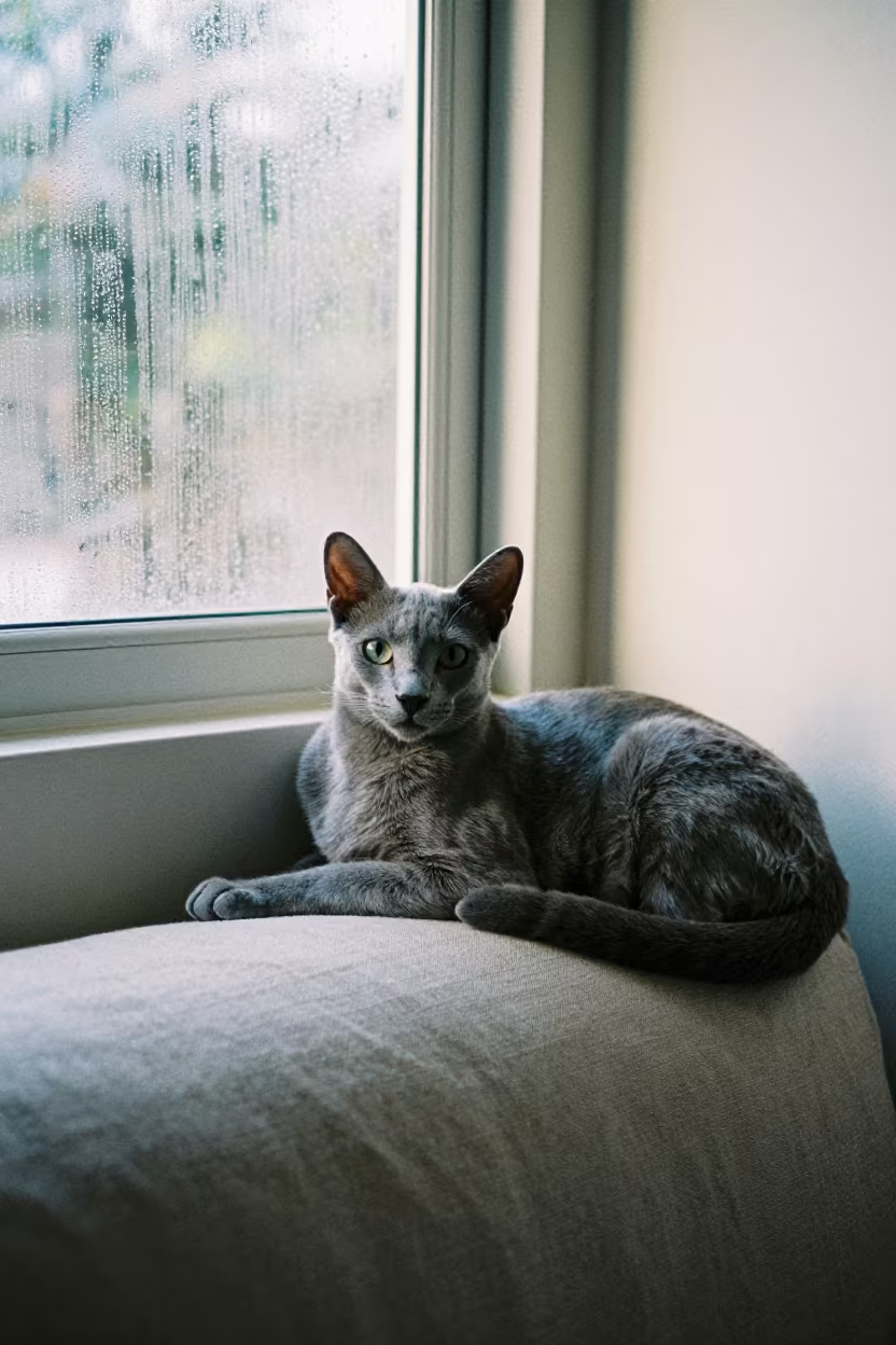 Russian Blue Cat Lounging on Linen Sofa at Dawn in on a linen sofa with daylight from a nearby window near Sandakan