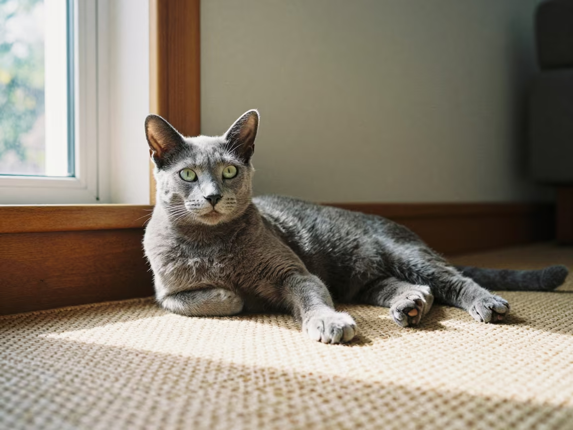 Russian Blue Cat Lounging on Woven Rug in on a woven rug beside a low couch and an uncluttered wall near Las Vegas