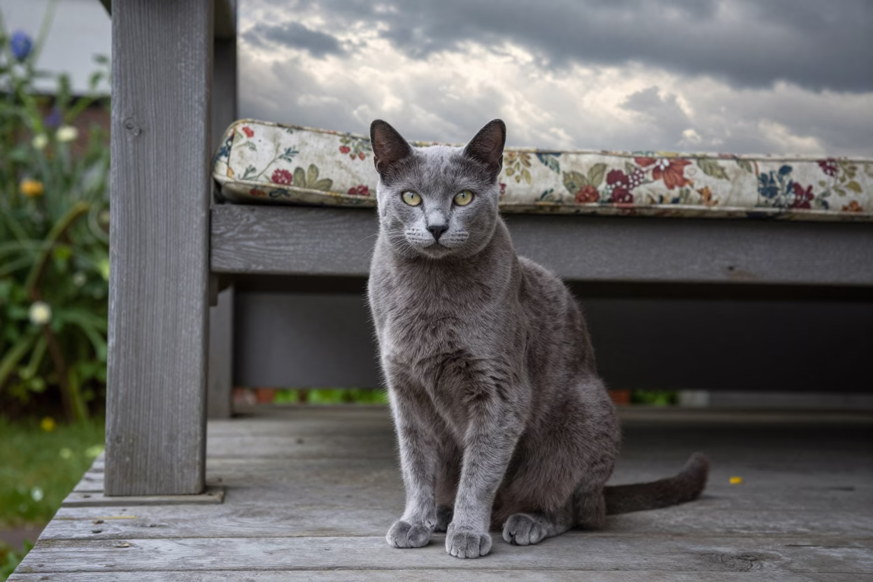 Russian Blue Cat on Shaded Front Porch Boards in on a shaded front porch with boards, railings, and eye-level framing near Rochester