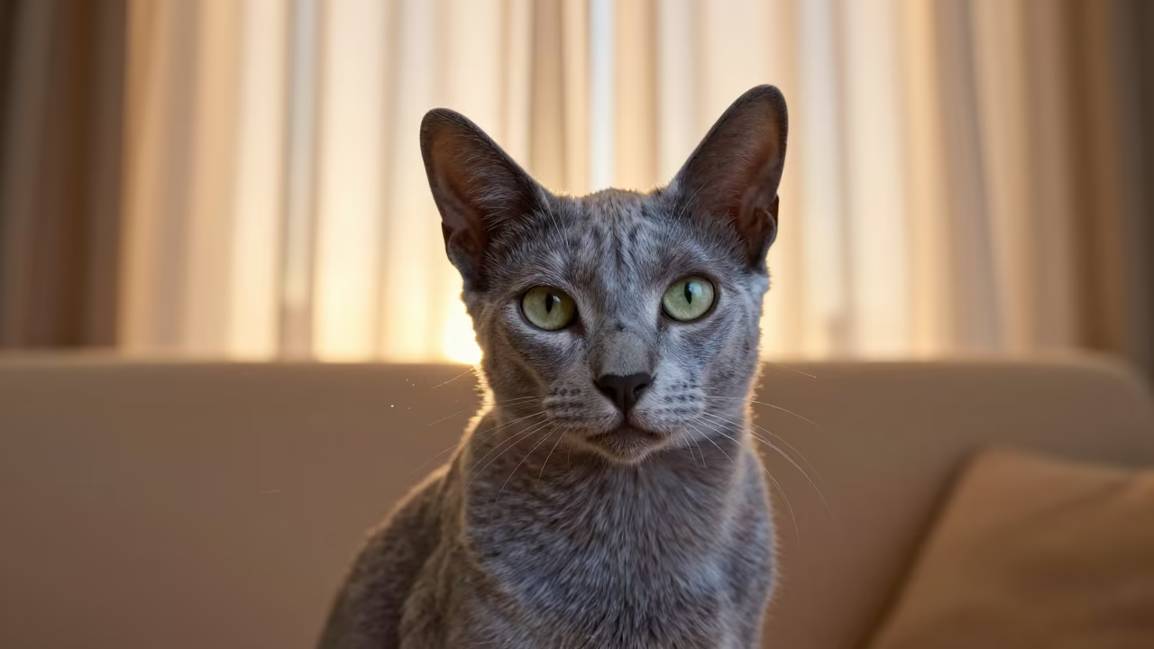 Russian Blue Cat Portrait in Casablanca Sunset Light in on a sofa near a curtained window with calm indoor light in Casablanca
