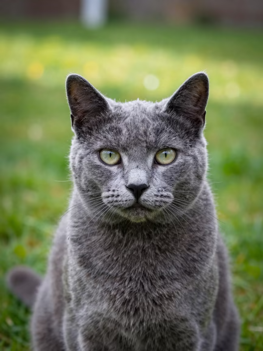 Russian Blue Cat Portrait in Dappled Maastricht Garden in in a small yard with clipped grass, calm light, and the animal centered in frame in Maastricht