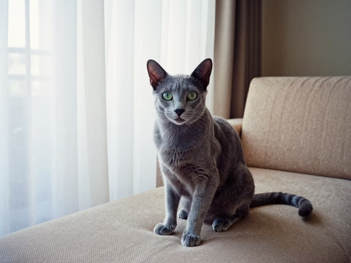 Russian Blue Cat Portrait Near Curtained Window Douma in on a sofa near a curtained window with calm indoor light near Douma