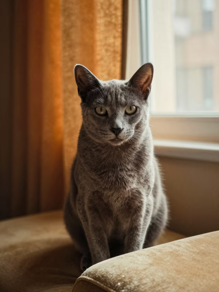 Russian Blue Cat Portrait on Sofa in Ghaziabad Home in on a sofa near a curtained window with calm indoor light near Ghaziabad