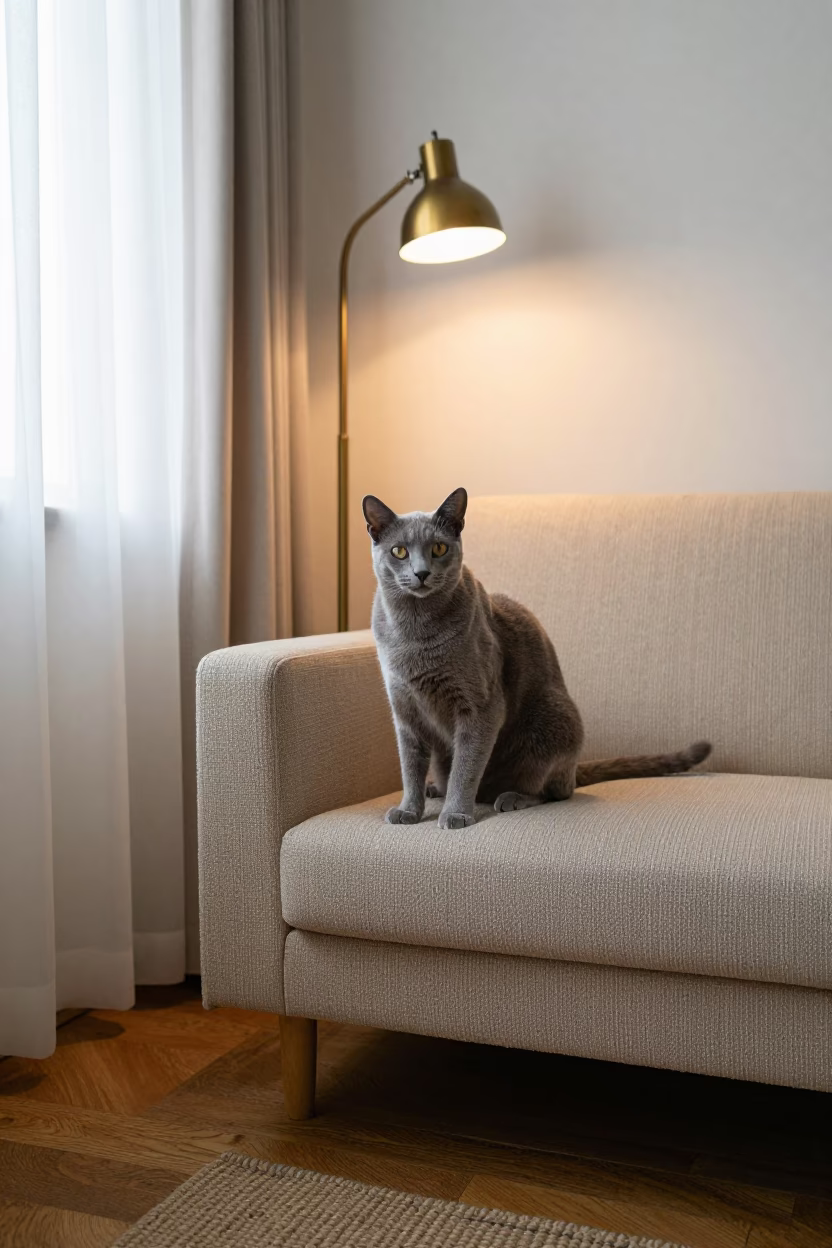Russian Blue Cat Portrait on Sofa Near Window in on a sofa near a curtained window with calm indoor light near Ibagué