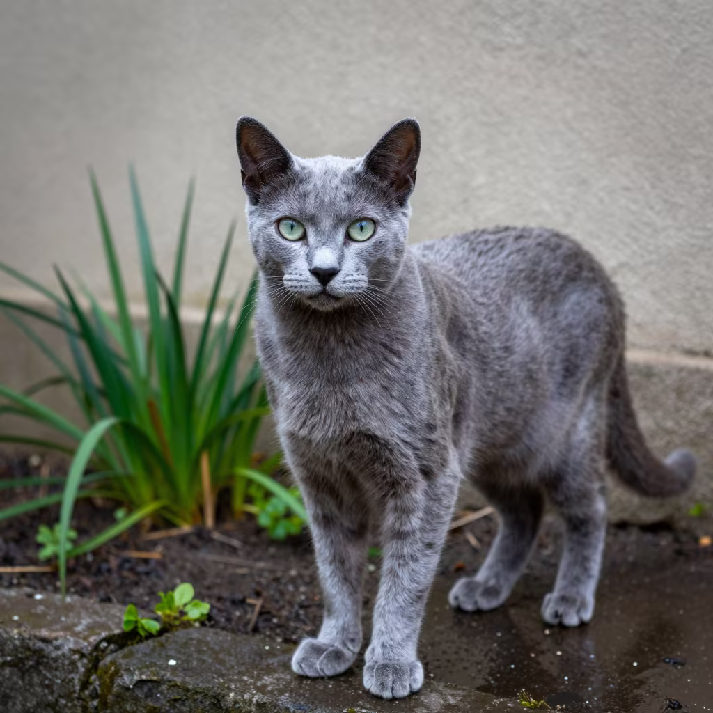 Russian Blue Cat Silvery Light Batala Courtyard in beside a plain courtyard wall in clear daylight with the animal at eye level in Batala