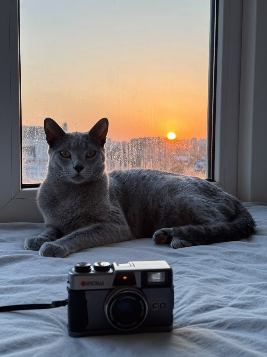 Russian Blue Cat Sunset Window Fuzhou in on a bedspread near a bright window with calm indoor light near Fuzhou