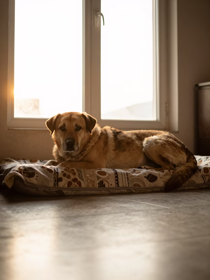 Russian Bolonka Dog Resting on Bedspread Near Window in on a bedspread near a bright window with calm indoor light in Guwahati
