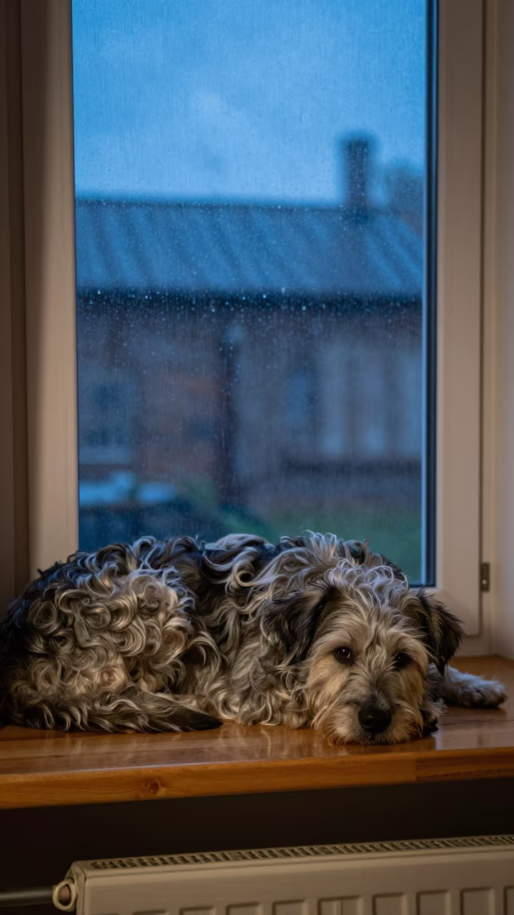 Russian Bolonka Dog Resting on Window Seat in on a window seat in a quiet apartment with soft side light near Puerto Ayacucho