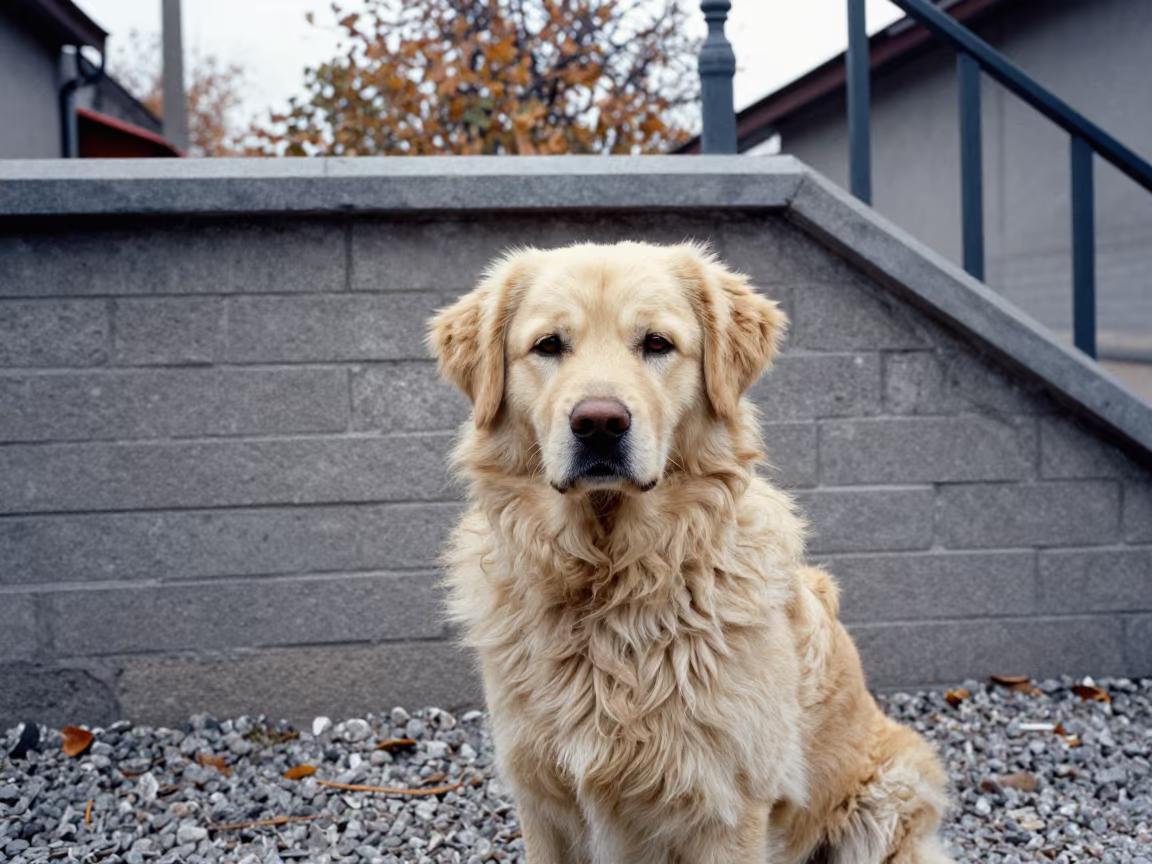 Russian Bolonka Portrait in Jinan Courtyard in beside a plain courtyard wall in clear daylight with the animal at eye level in Jinan