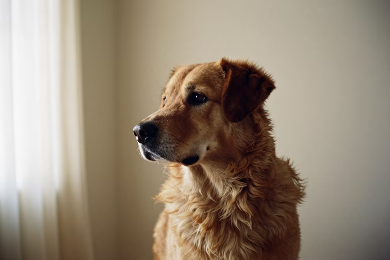 Russian Bolonka Portrait in Trinidad Light in beside a plain plaster wall in soft indoor light with the animal centered in frame in Trinidad