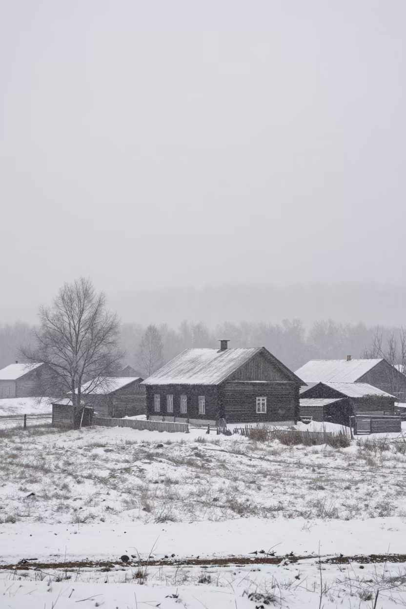 Russian Farmhouse Silhouette in Spring Blizzard in through low marine fog in Russia