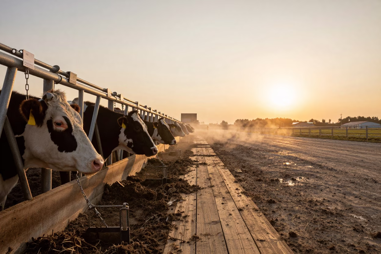 Russian Feedlot Cattle in Amber Evening Light in along a feedlot lane in Russia