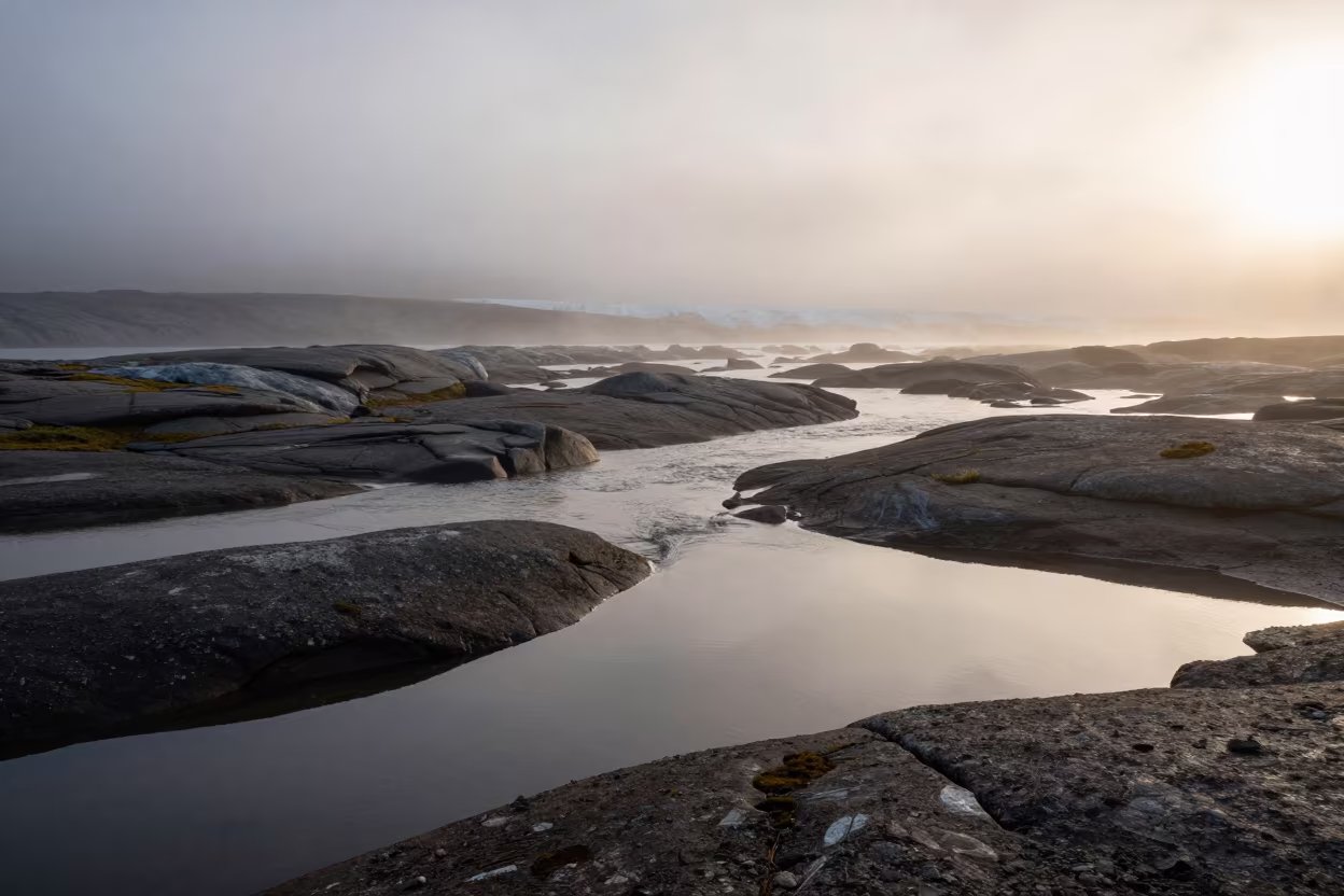 Russian Glacier Moraine Pools in Late Afternoon Mist in in Russia