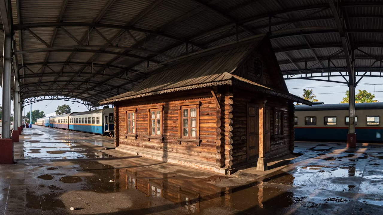 Russian Izba Cottage in Chennai Terminal Wet Season in inside a restored train terminal in Chennai