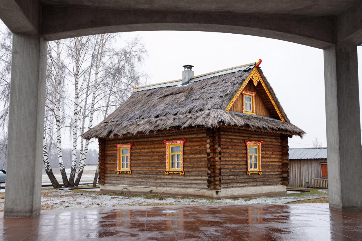 Russian Izba Cottage in Karachi Concrete Lobby in inside a ribbed concrete lobby in Karachi