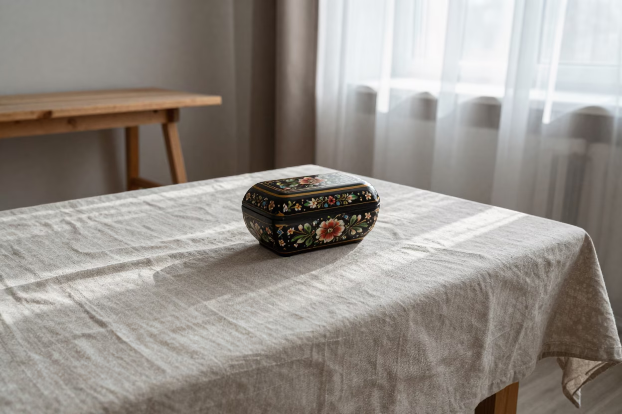 Russian Lacquer Box on Linen Cloth in on a wooden workbench near Nizhny Novgorod