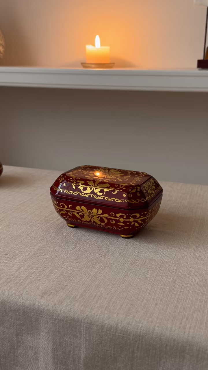 Russian Lacquer Box on Linen in Warm Light in on a painted display ledge in Ichalkaranji