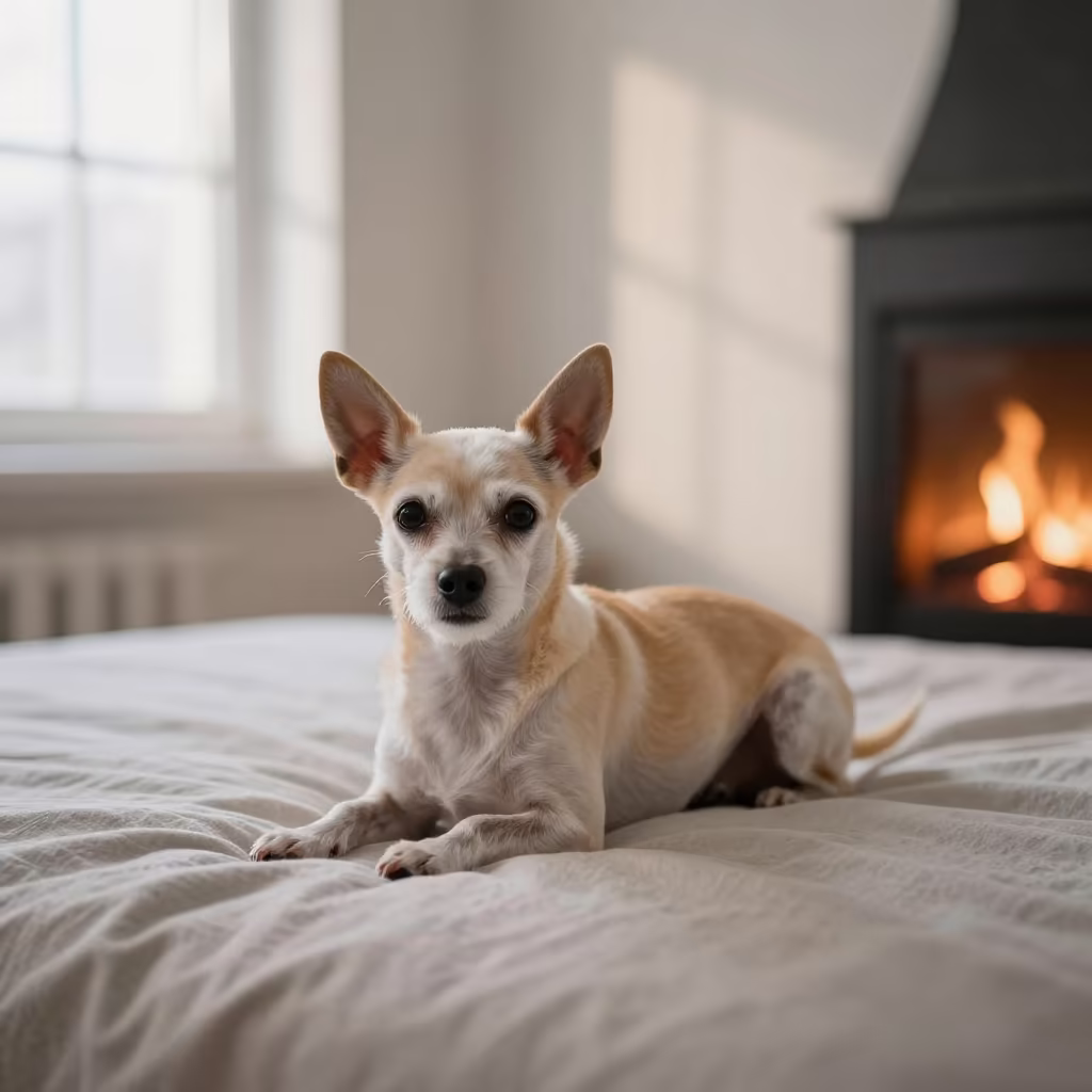 Russian Toy Dog Resting on Bedspread in Qena in on a bedspread near a bright window with calm indoor light in Qena