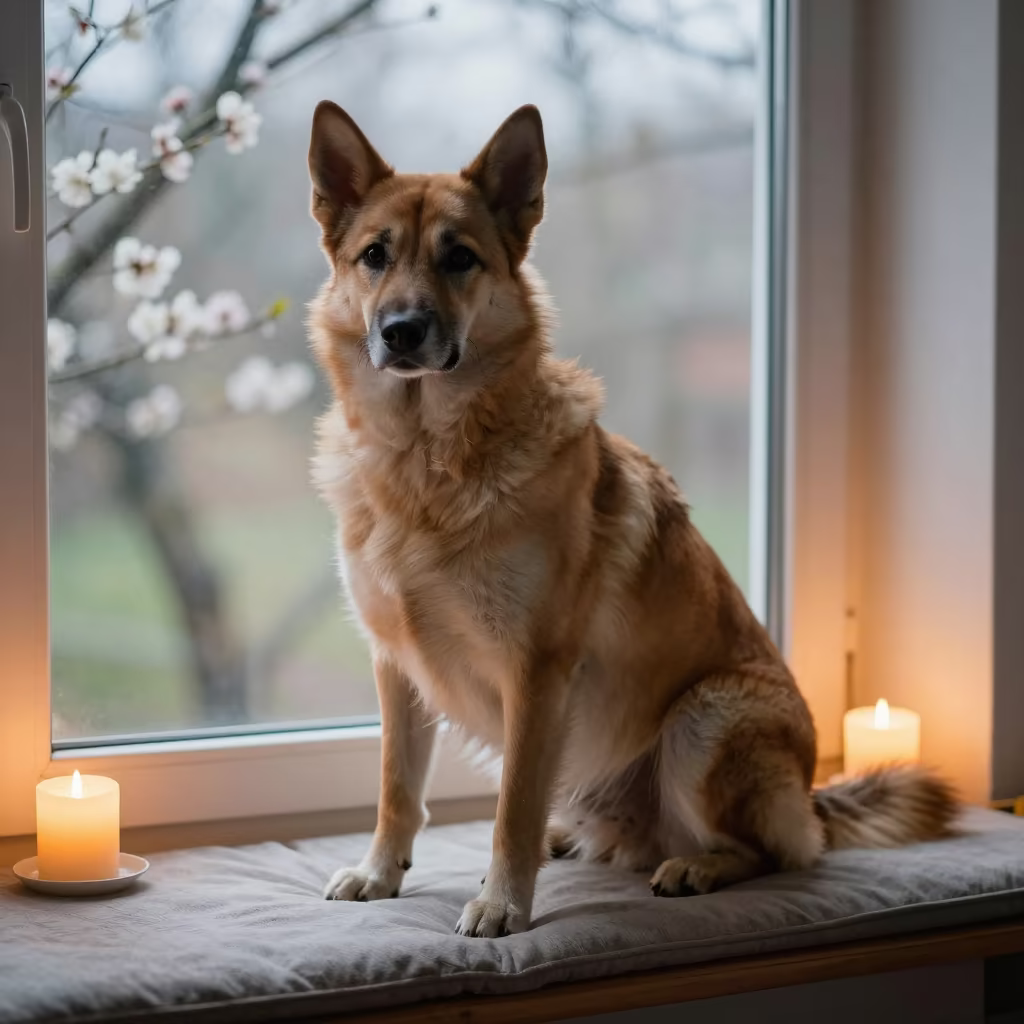 Russian Tsvetnaya Bolonka Portrait in Candlelight in on a cushioned window seat with soft side light and an uncluttered background in Fuzhou
