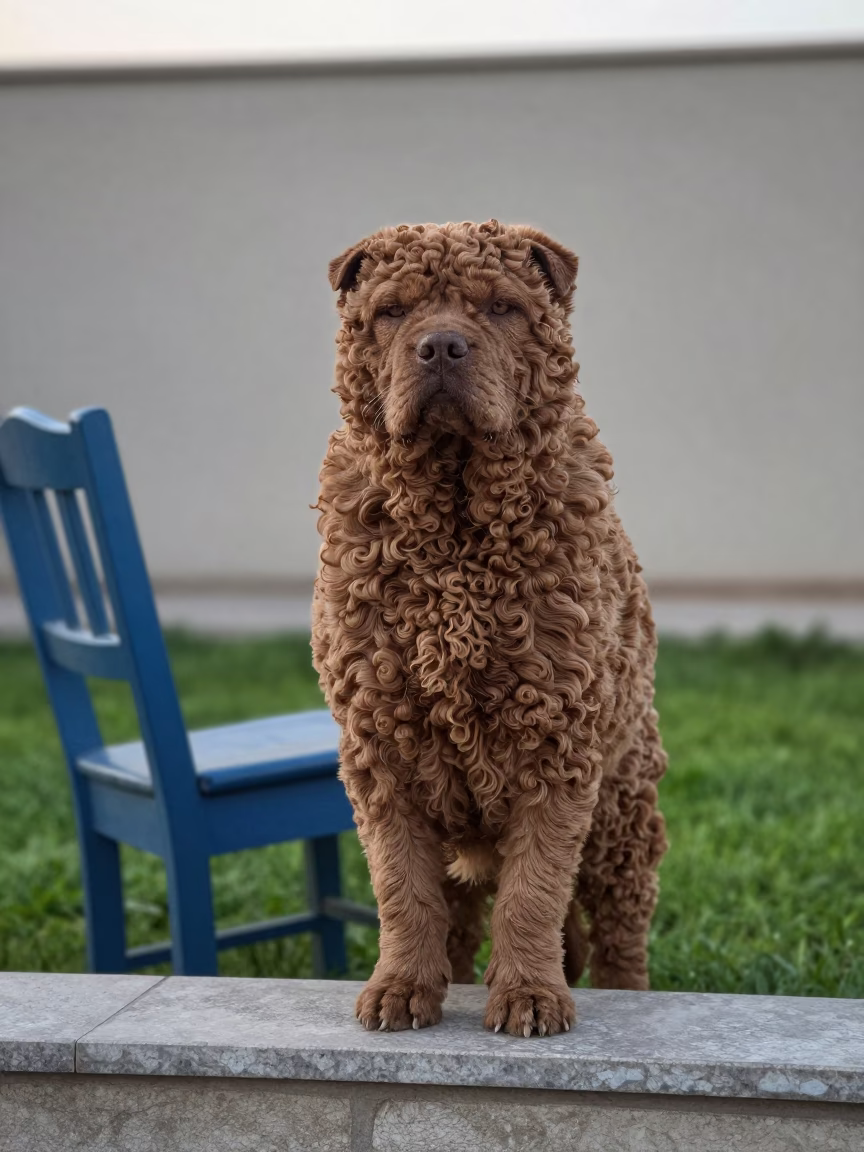 Russian Tsvetnaya Bolonka Portrait in Sohar Yard in in a small yard with clipped grass, calm light, and the animal centered in frame in Sohar