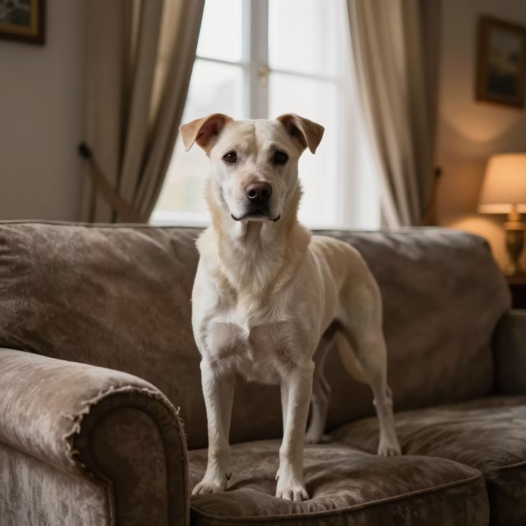 Russian Tsvetnaya Bolonka Portrait on Sofa in on a sofa near a curtained window with calm indoor light in Guarenas