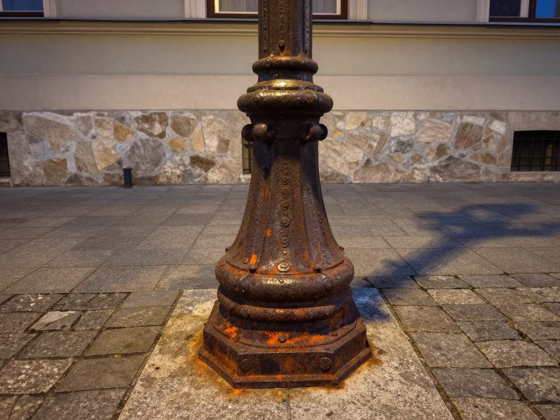 Rust and Iron Details on Budapest Street Lamp Post in Copper Toned Dusk Light in in Budapest, Hungary