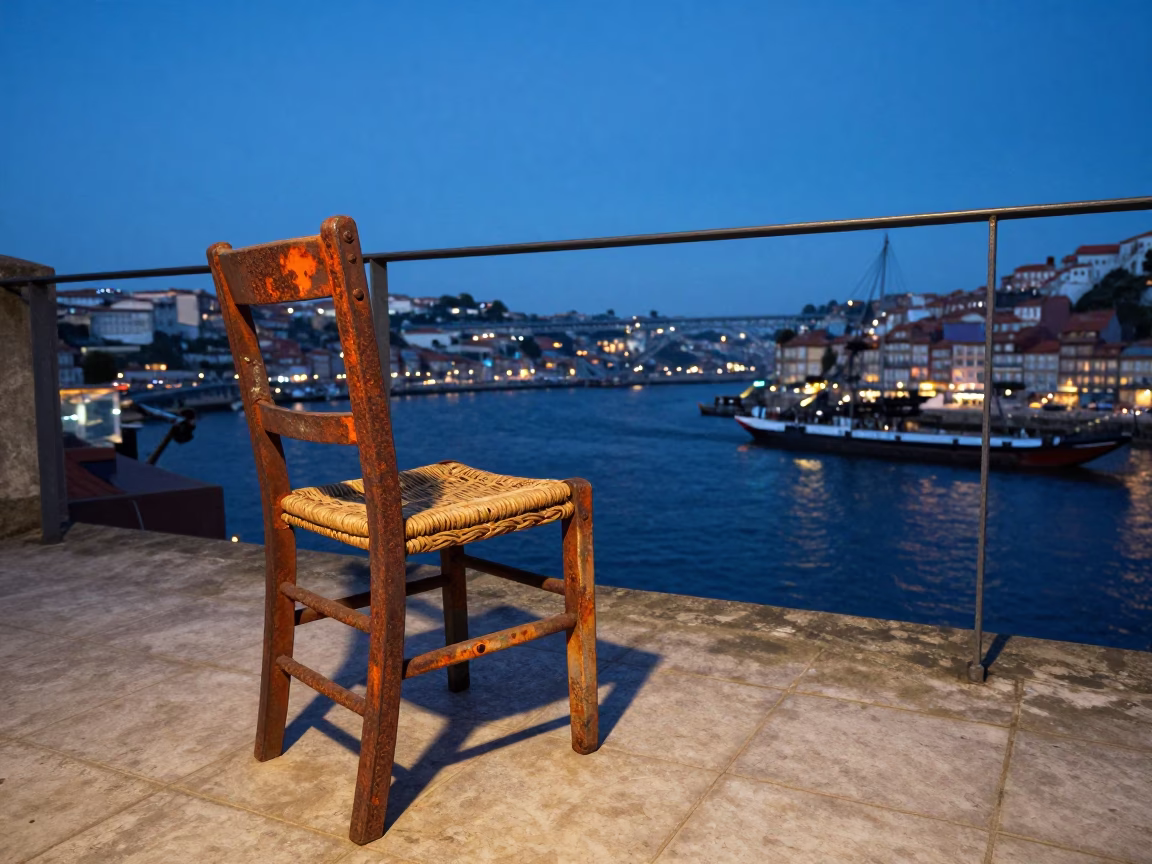 Rust and Wicker in Porto Evening Light with River Barge in in Porto, Portugal