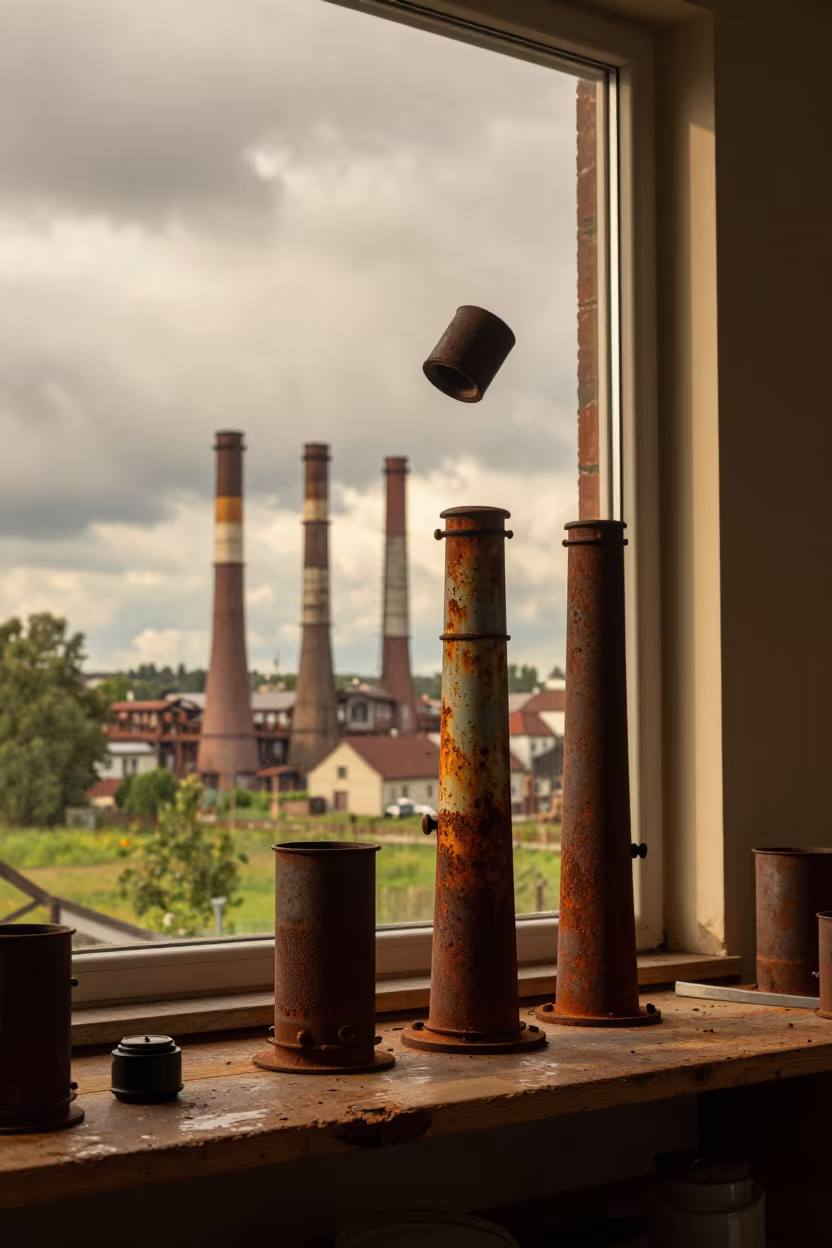 Rust Belt Skyline Frozen Mid-Fall on Shelf in on a workshop shelf near Magdeburg