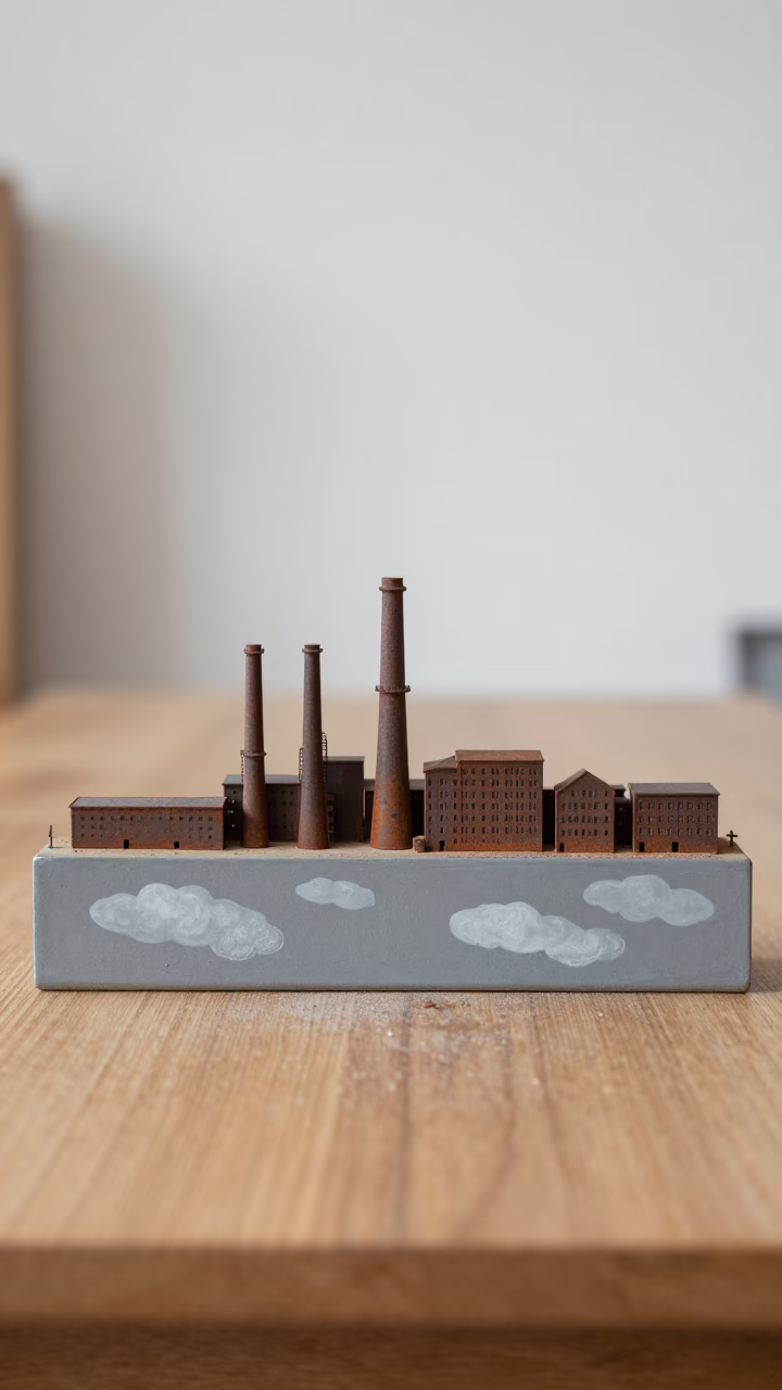 Rust Belt Skyline Model on Cologne Library Table in on a dusty library table in Cologne
