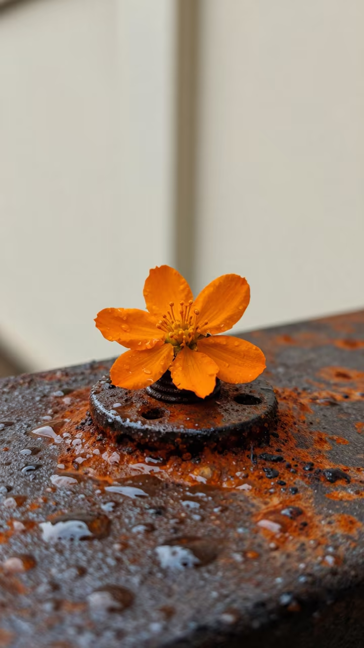 Rust Bloom on Iron Bolt in Rain in across a rain-beaded metal surface near Jinan