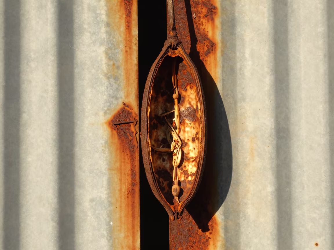 Rust Blooms on Corrugated Iron Inside Austin Seed Pod in inside a seed pod split open in Austin