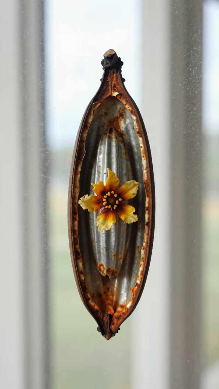 Rust Blooms on Corrugated Iron in Port Vila Seed Pod in inside a seed pod split open in Port Vila