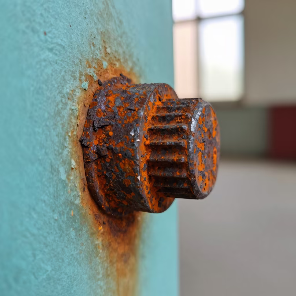Rust Blooms on Bolt Head Near Luxembourg in against weathered turquoise paint near Luxembourg City