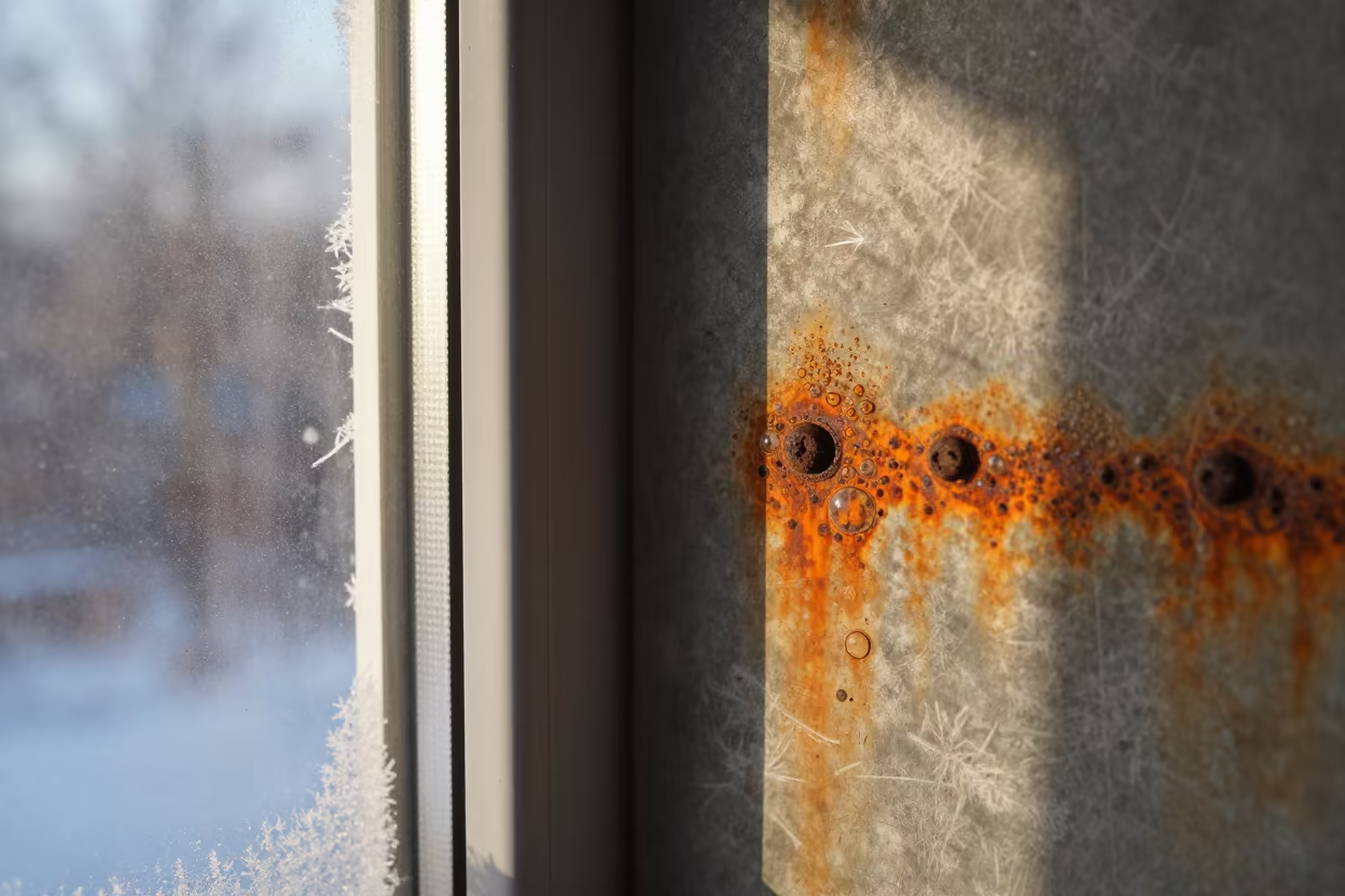 Rust Bubbles on Steel Near Frosty Window in along a frost-edged windowpane in Arenal, Seville