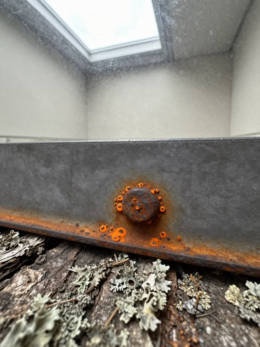 Rust Bubbles on Steel Plate in on lichen-covered bark in Bangui