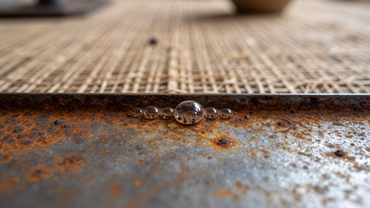 Rust Bubbles on Steel Plate in against woven linen fibers in Osogbo