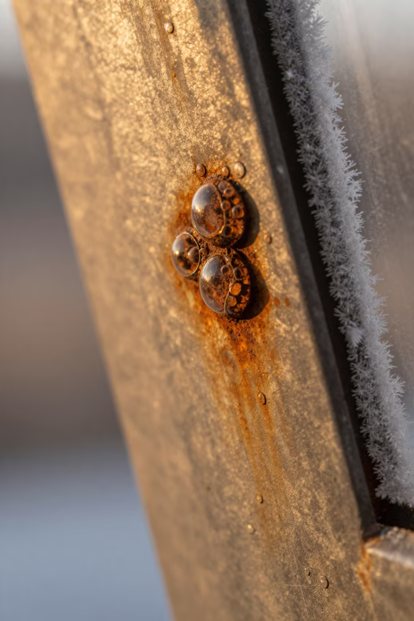 Rust Bubbles on Steel Near Recife Window in along a frost-edged windowpane in Recife