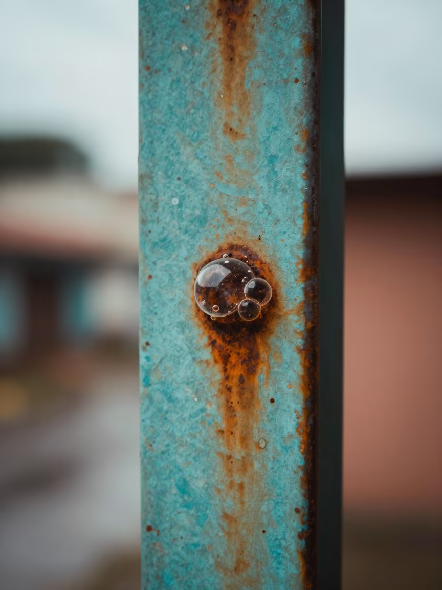 Rust Bubbles on Turquoise Steel Plate in against weathered turquoise paint in Los Teques