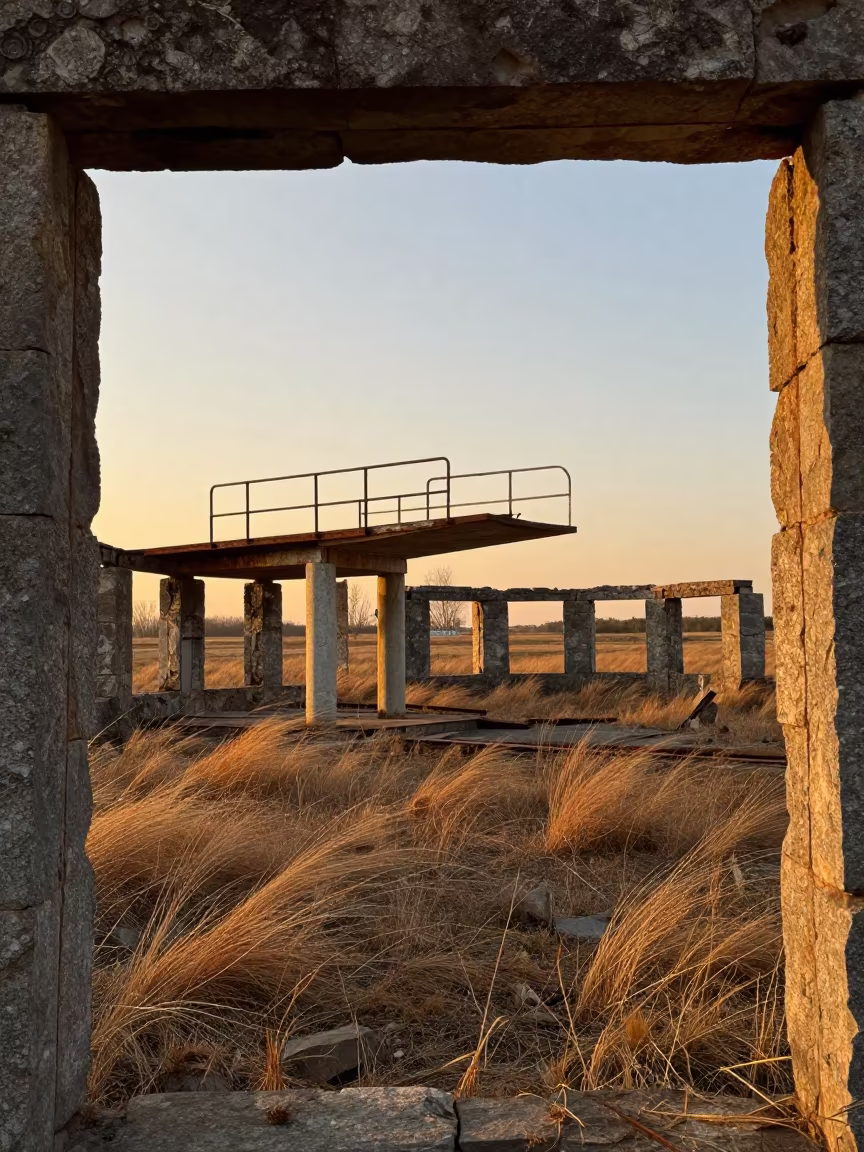 Rusted Diving Boards in Urals Ruins in among collapsed cloisters in the Urals